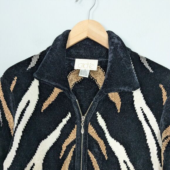 Vintage Cache Cardigan Sweater Full Zip Animal Print Velour Mob Wife Black Tan M - Picture 7 of 12